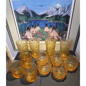 VTG Anchor Hocking Milano Lido Honey Gold/Amber 6/8 oz. 12 Glasses Retro 60's